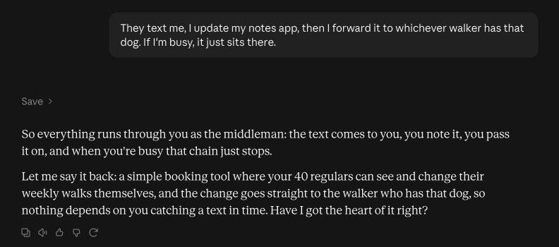 Claude saves the conversation to Napkin and plays the idea back: a simple booking tool where regular clients change their own walks and the change goes straight to the right walker.