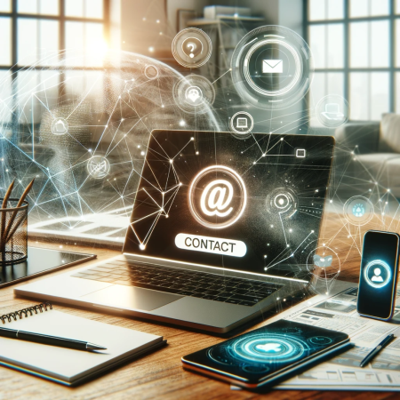 DALL·E 2023-11-27 13.41.07 - A contemporary workspace scene for a web agency's contact page, integrating elements of communication and technology. The image includes a smartphone,